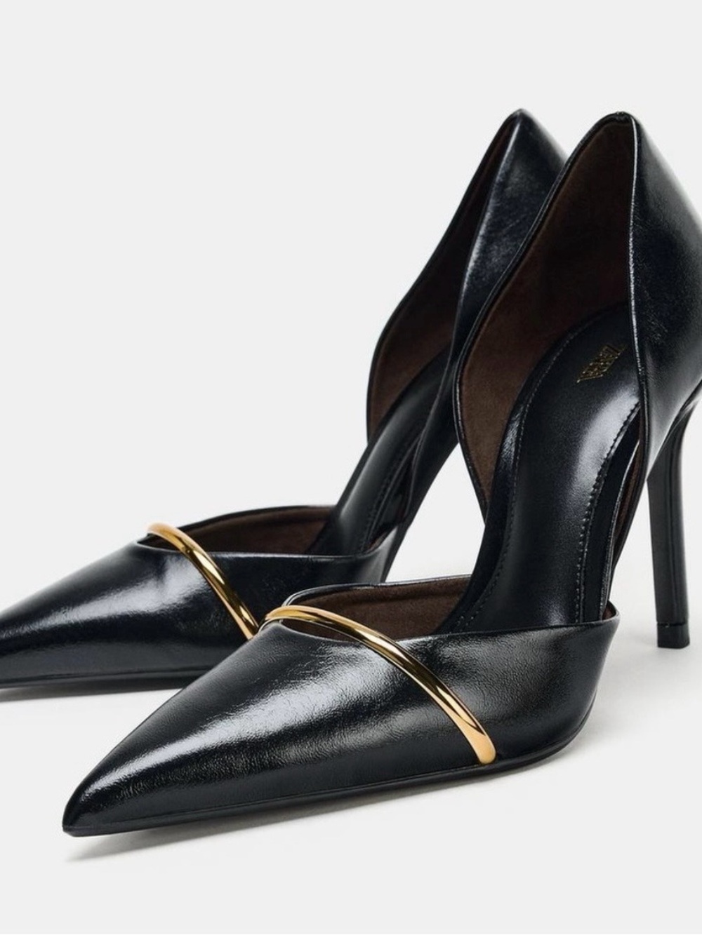 Zara Black Pointed Toe High Heels with Gold Metallic Accent
